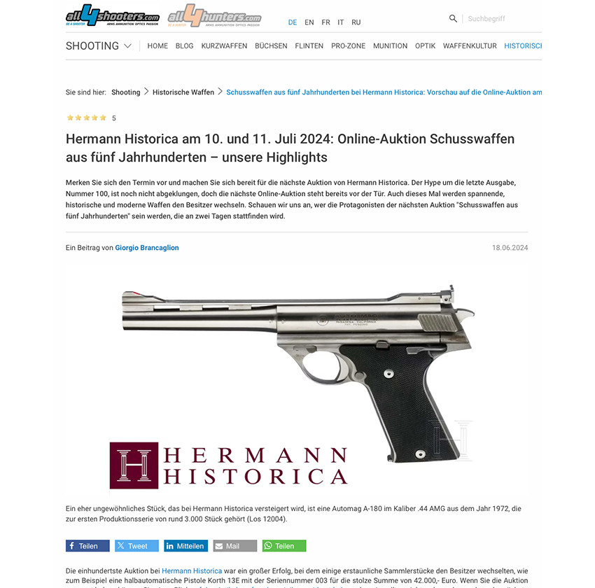 Save the date: the next Hermann Historica historical firearms online auction will be held on July 10 and 11, 2024