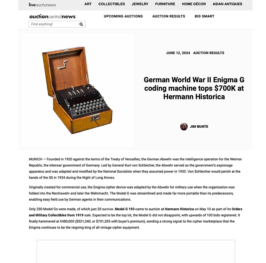 German World War II Enigma G coding machine tops $700K at Hermann Historica
